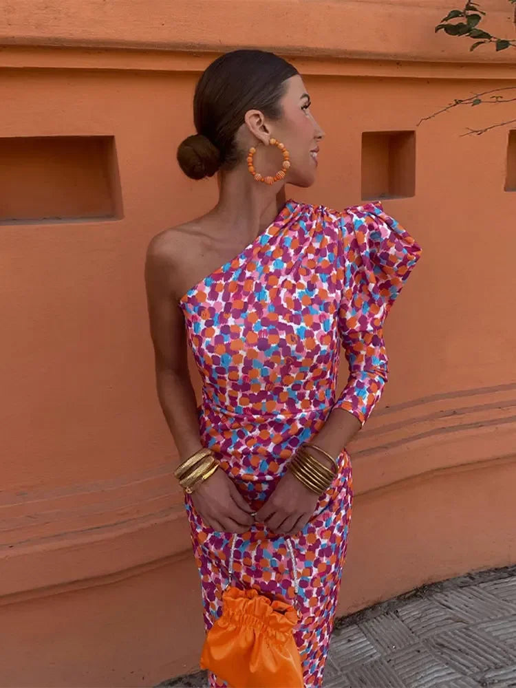 Robe élégante femme – Robe à épaules diagonales rose pour soirée chic et cérémonie