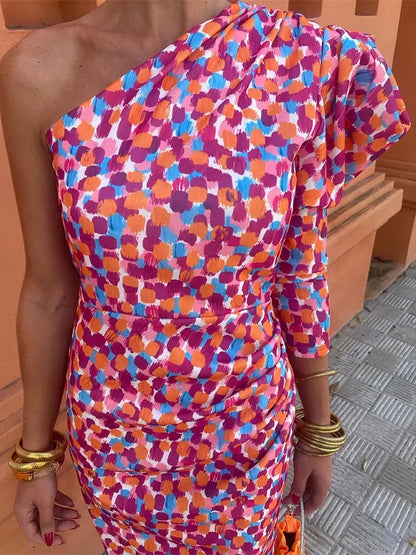 Robe élégante femme – Robe à épaules diagonales rose pour soirée chic et cérémonie