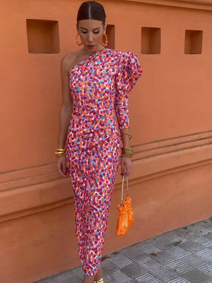 Robe élégante femme – Robe à épaules diagonales rose pour soirée chic et cérémonie
